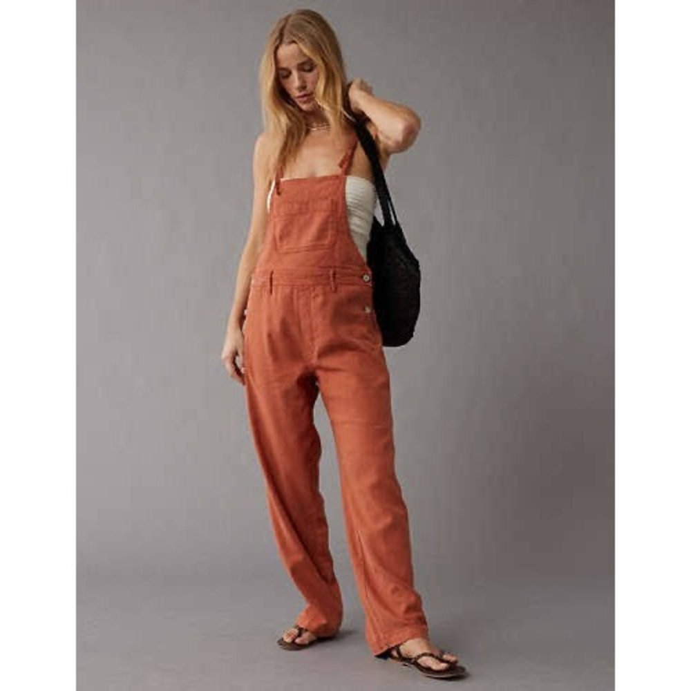 American Eagle Rust Orange Linen Blend Overalls Size Medium Adjustable Straps